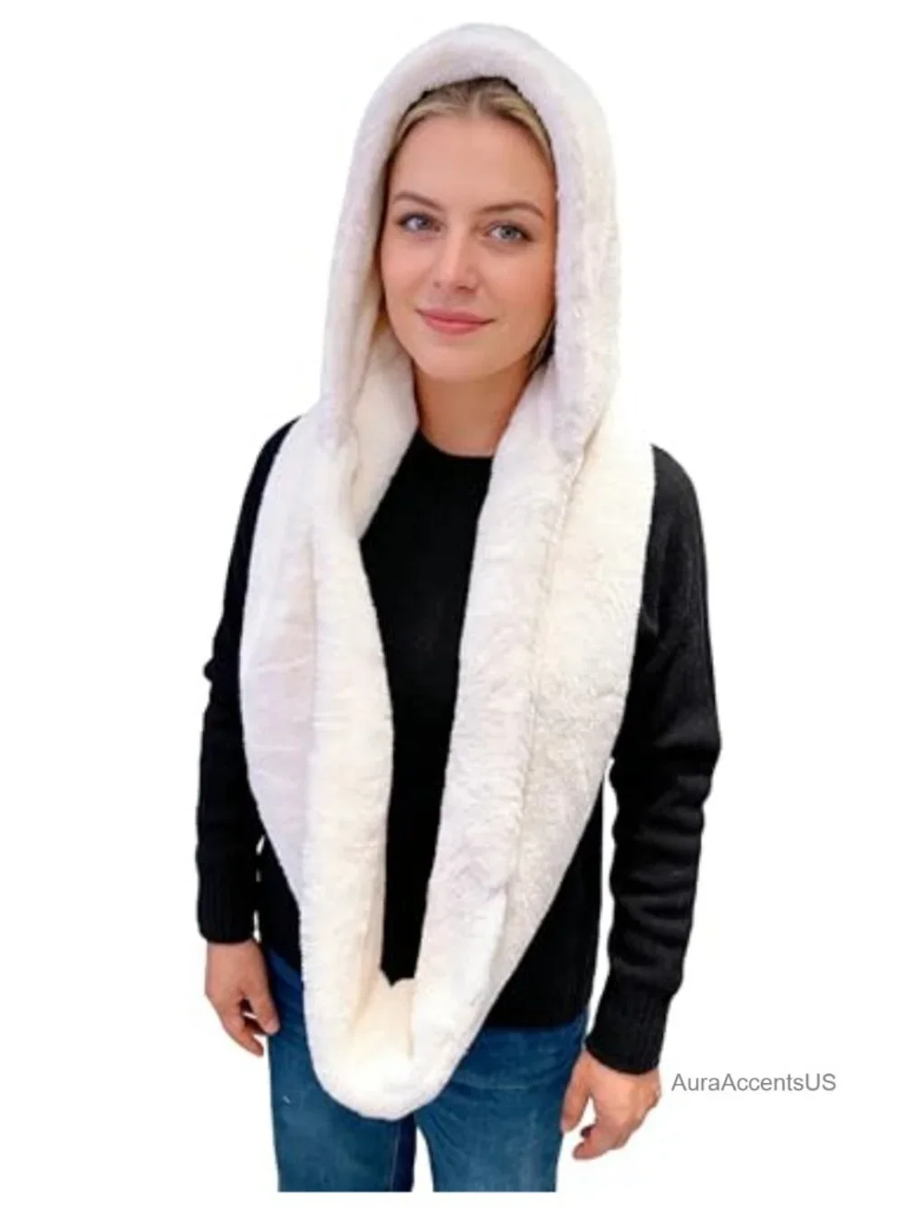 Faux Fur Hood & Infinity Scarf Combo Winter Neck Wrap for Women Men